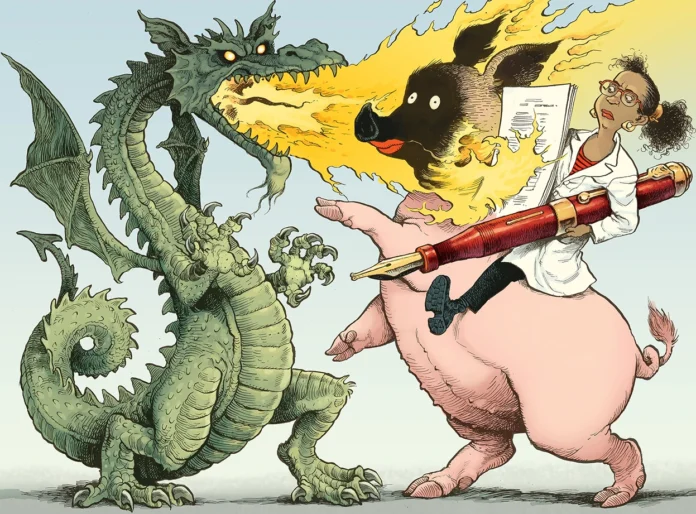 A stylised illustration showing a female scientist riding a scorched pig. She is holding a research paper as a shield and a pen like a lance. She is fending off the fire with her paper shield which blasting from a dragon, who is spewing fire from it's mouth.