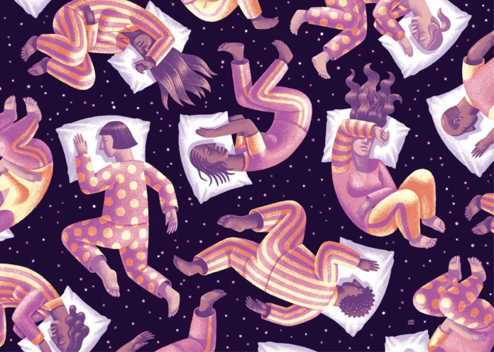 Conceptual illustration of people sleeping in various positions creating a pattern, floating over a night sky.