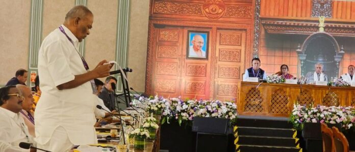 Speaker M. Appavu speaks at the 11th Commonwealth Parliamentary Association India Region Conference in Bengaluru on Friday